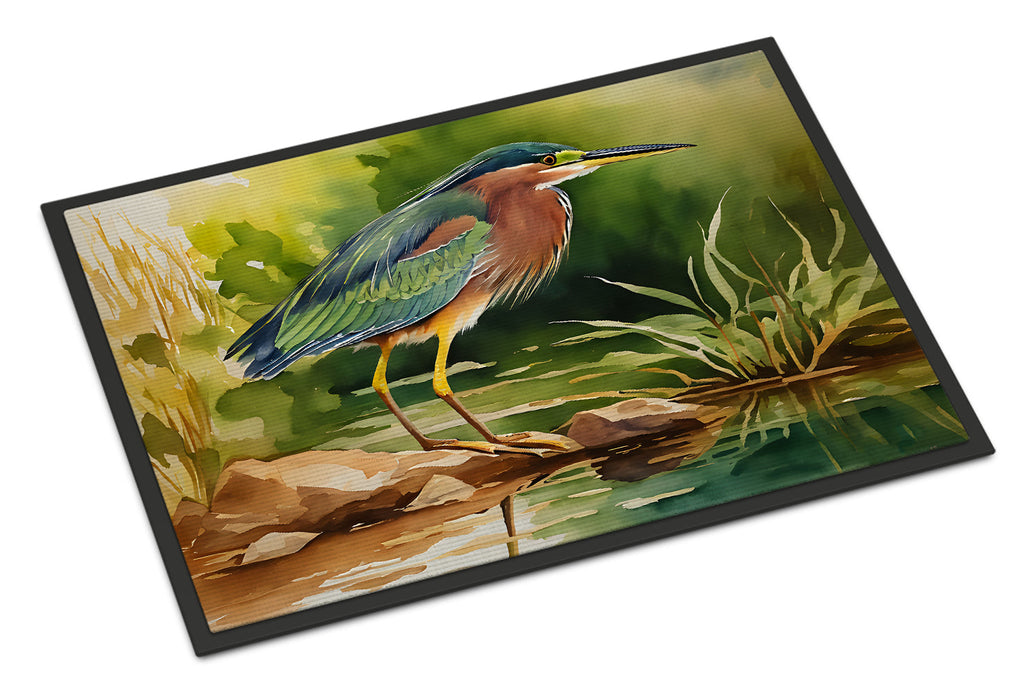 Green Heron Standing Shoreline Doormat Indoor Outdoor 18H X 27W Front Door Mat Rugs for Entryway, Non Slip Washable