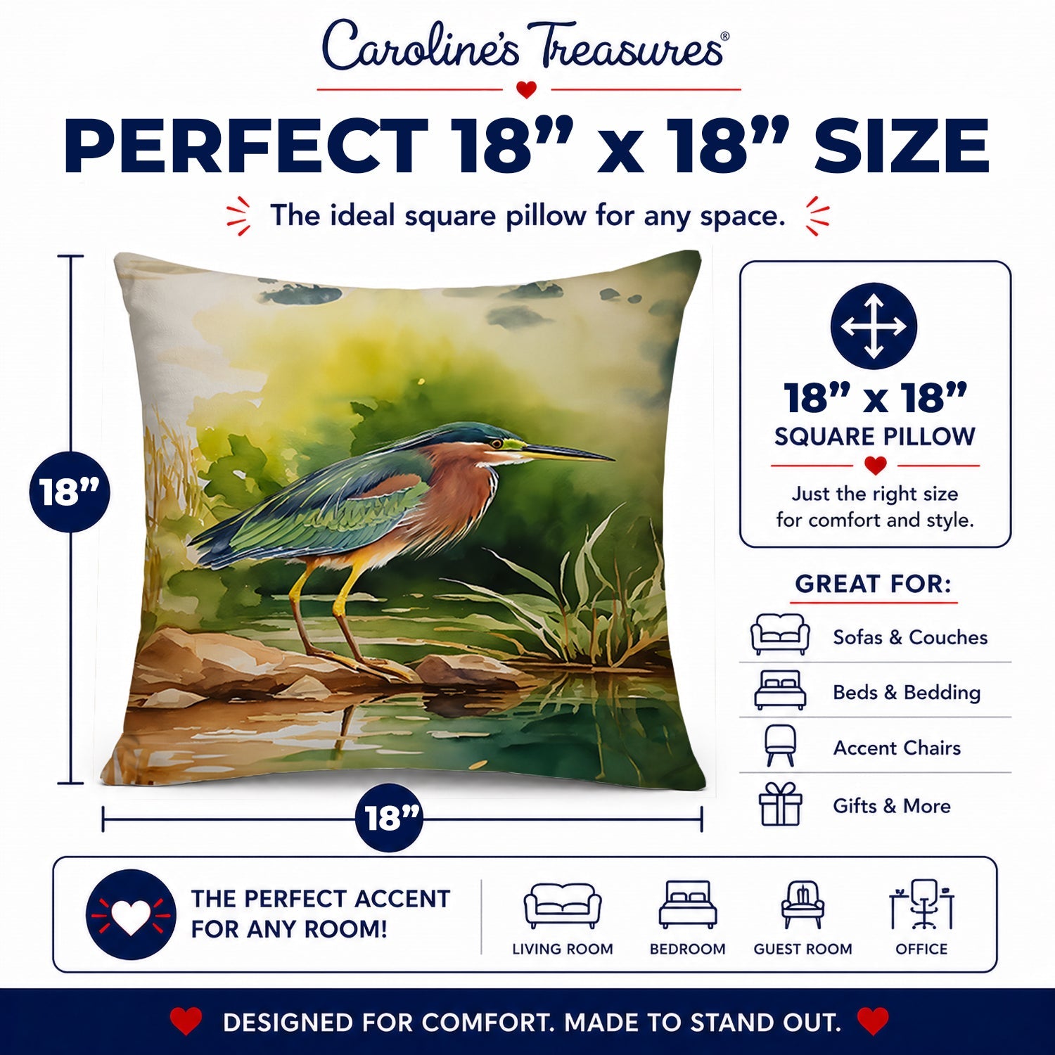 Green Heron Standing Shoreline Decorative Throw Pillow 18x18 Indoor Outdoor Accent Cushion, Fabric Cover with Insert for Sofa, Bed, Porch & Living Room