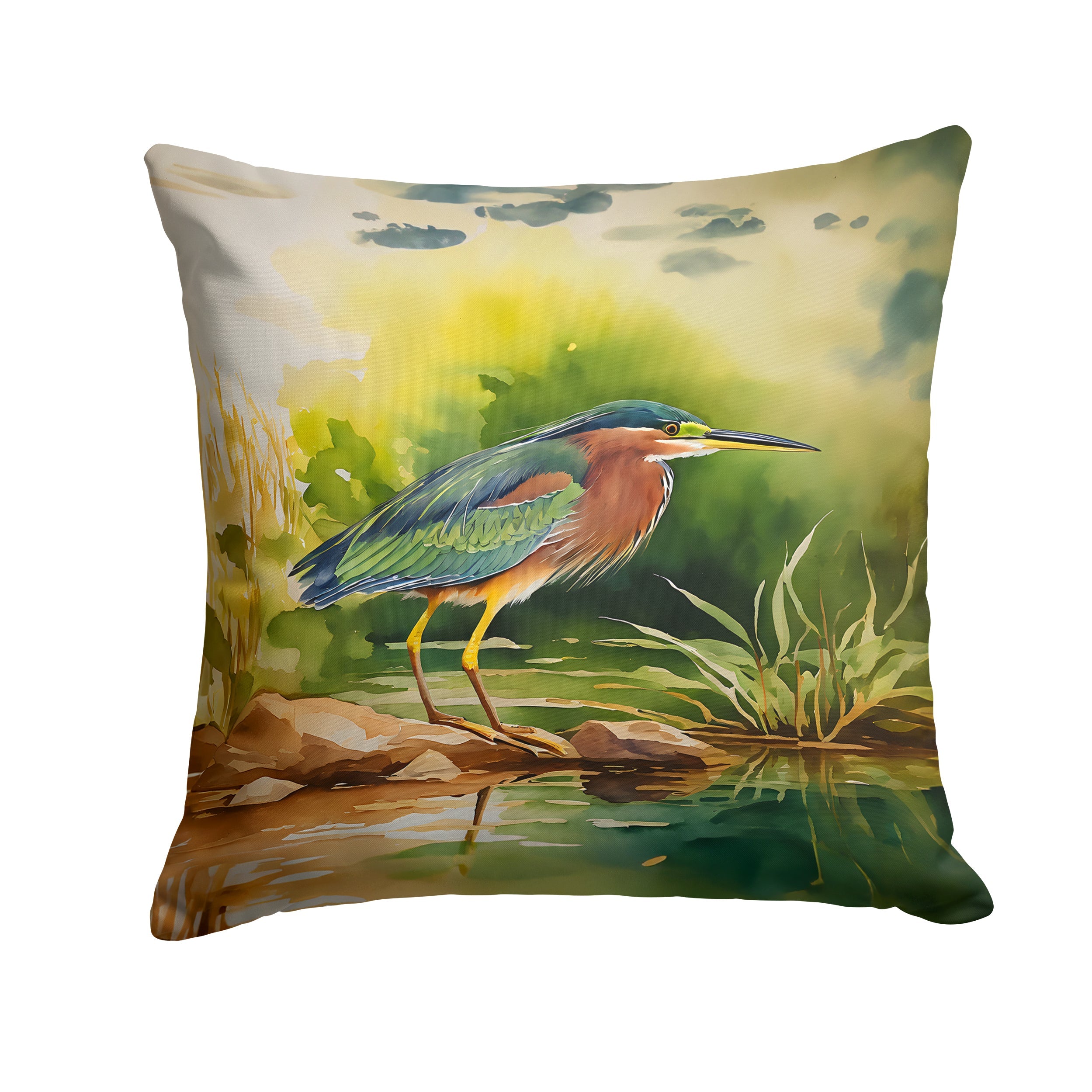 Green Heron Standing Shoreline Decorative Throw Pillow 18x18 Indoor Outdoor Accent Cushion, Fabric Cover with Insert for Sofa, Bed, Porch & Living Room