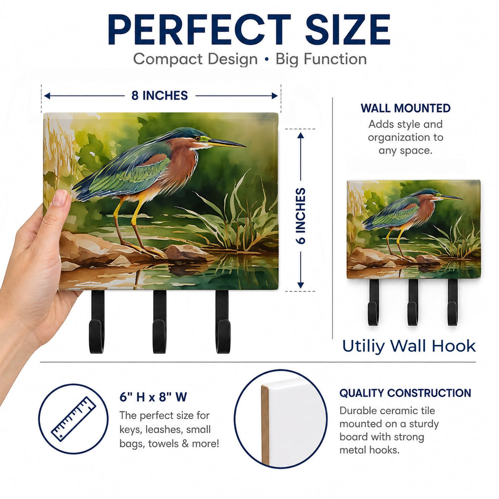 Green Heron Standing Shoreline Leash or Key Holder Wall Hooks, Coat Rack Wall Mount, for Hanging Keys, Towels, Aprons, Leashes