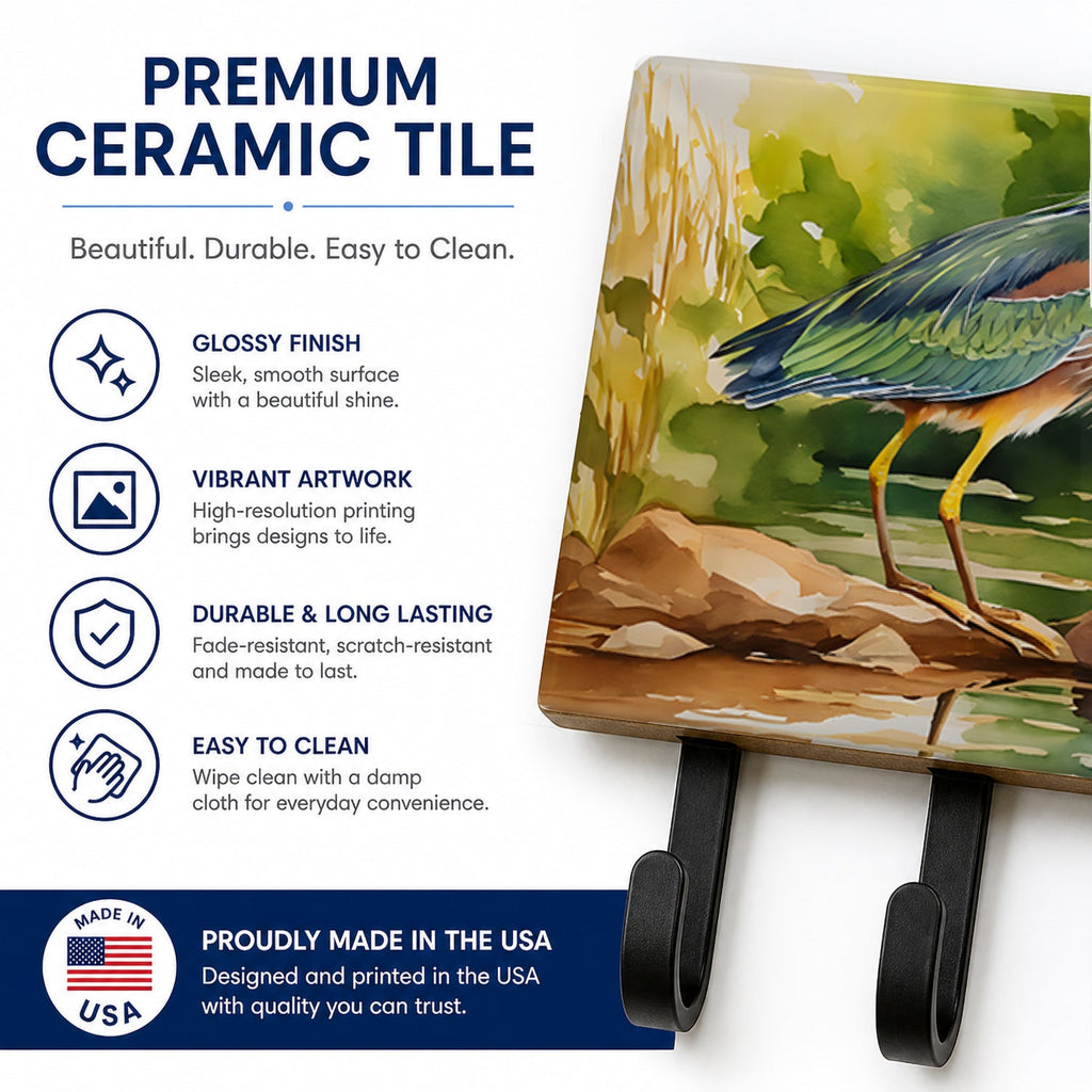Green Heron Standing Shoreline Leash or Key Holder Wall Hooks, Coat Rack Wall Mount, for Hanging Keys, Towels, Aprons, Leashes