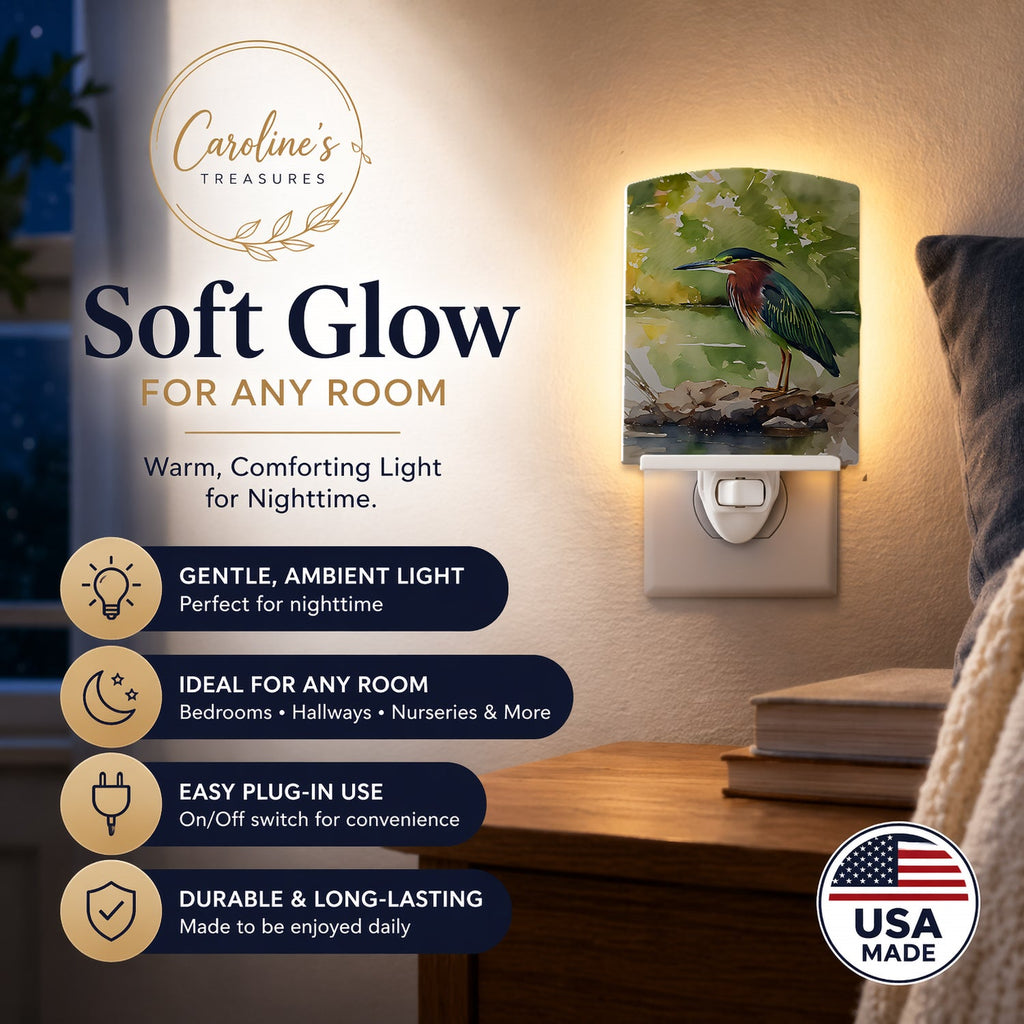 Green Heron by Water Edge Ceramic Night Light Compact, UL-Certified, Ideal for Bedroom, Bathroom, Nursery, Hallway, Kitchen, 6x4x3, Multicolor