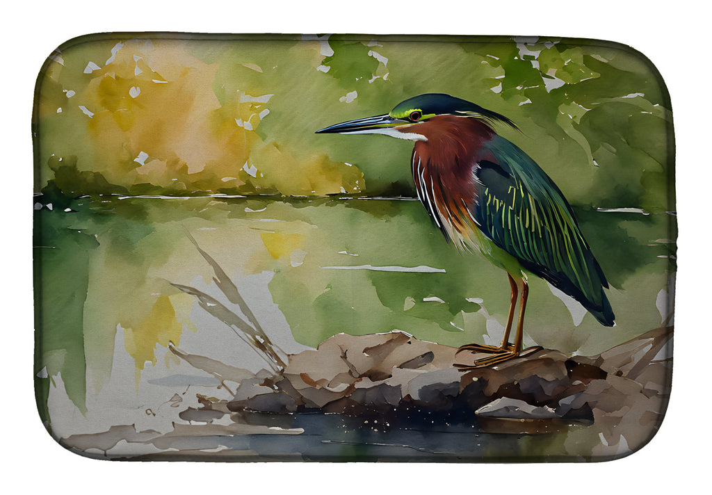 Green Heron by Water Edge Dish Drying Mat Absorbent Dish Drying Mat Pad for Kitchen Counter Dish Drainer Mat for Countertop, 14 x 21", Multicolor