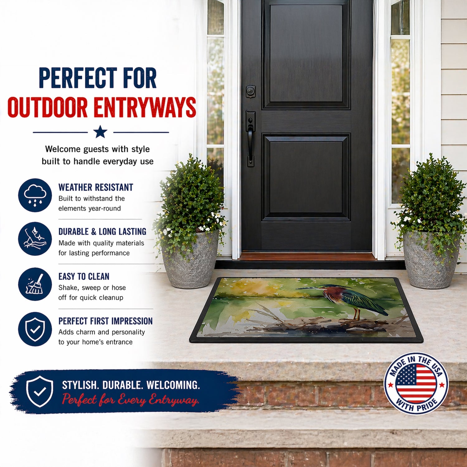 Green Heron by Water Edge Doormat Indoor Outdoor 18H X 27W Front Door Mat Rugs for Entryway, Non Slip Washable