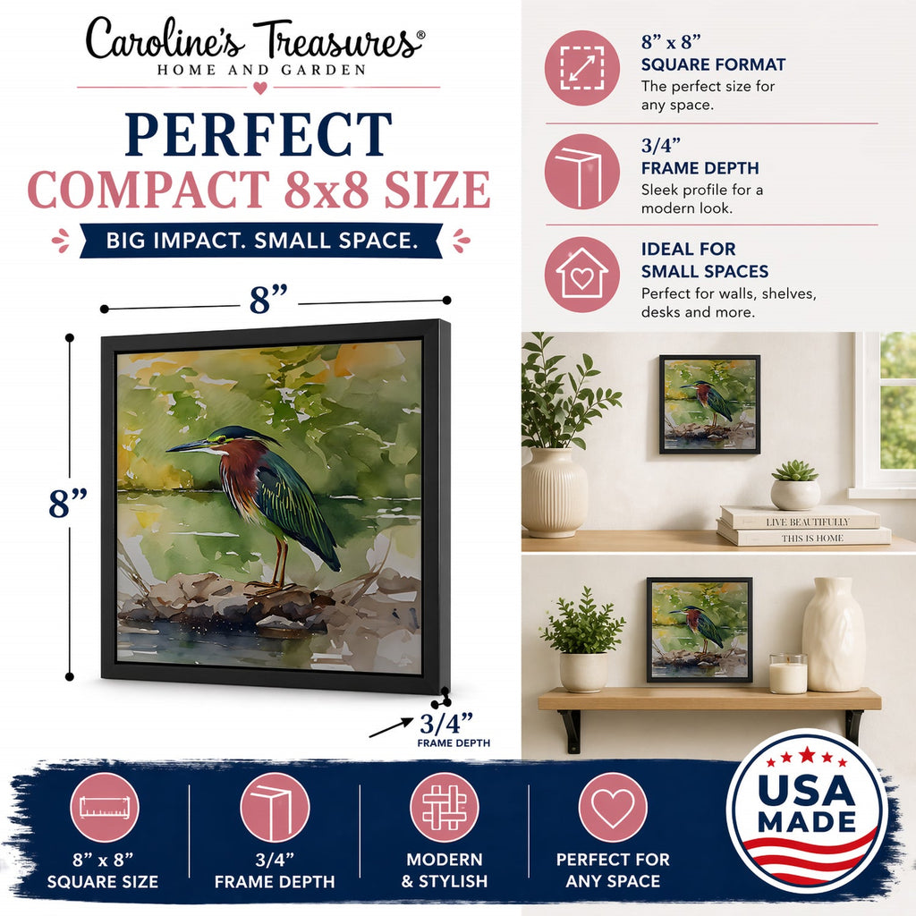 Green Heron by Water Edge Framed Metal Print Bathroom, Kitchen, Office, Home Decor Wall Art Ready to Hang, Square, 8X8
