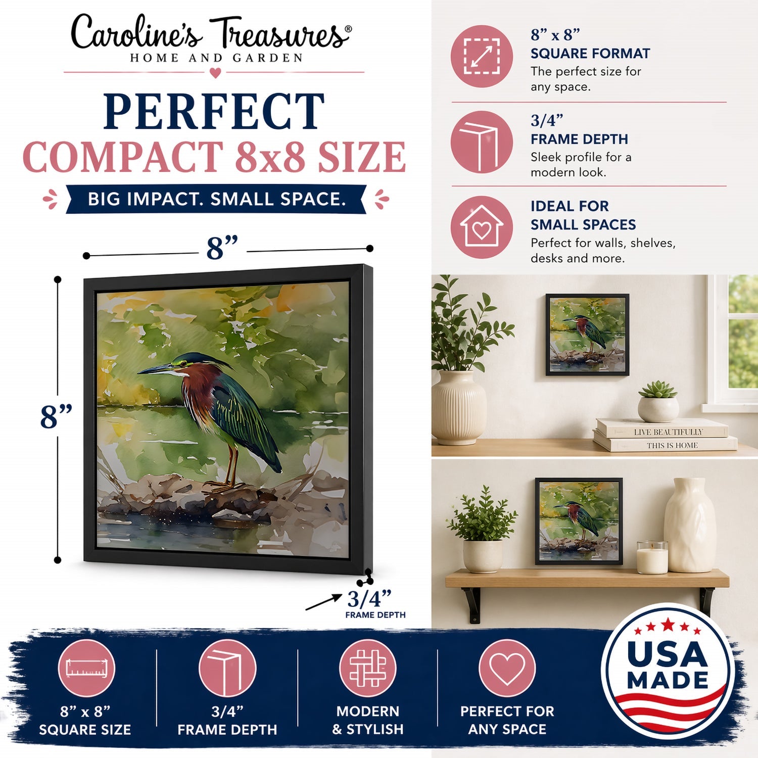 Green Heron by Water Edge Framed Metal Print Bathroom, Kitchen, Office, Home Decor Wall Art Ready to Hang, Square, 8X8