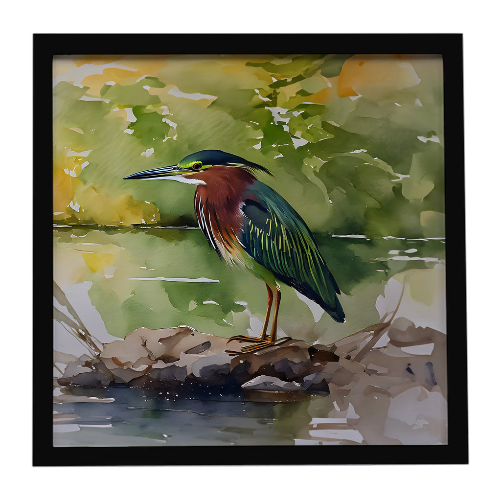 Green Heron by Water Edge Framed Metal Print Bathroom, Kitchen, Office, Home Decor Wall Art Ready to Hang, Square, 8X8