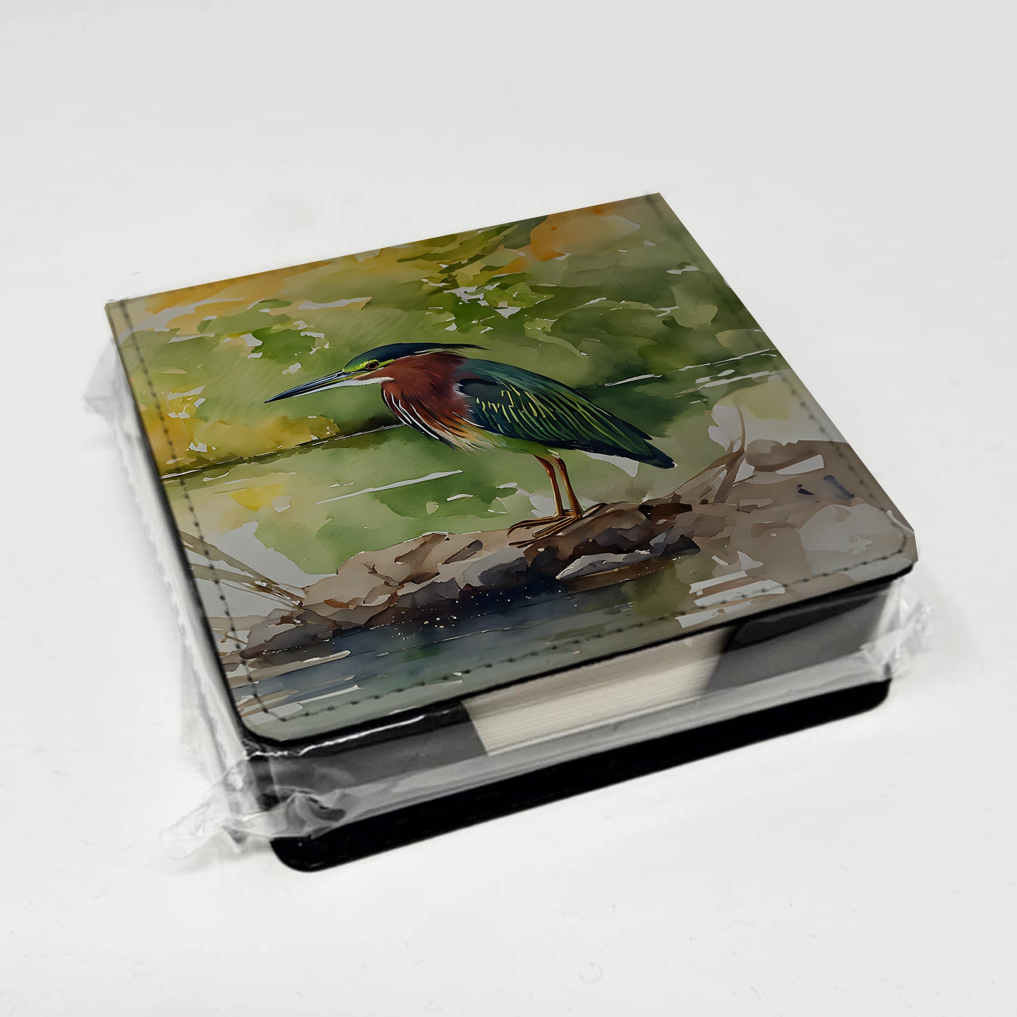 Green Heron by Water Edge PU Leather Note Paper Holder with Artist-Designed Cover, Desk Accessory, Office Gift