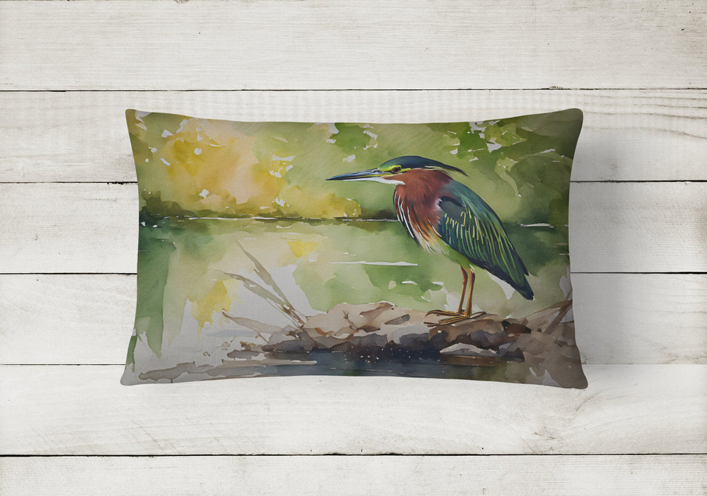 Green Heron by Water Edge Decorative Throw Pillow 12x16 Indoor Outdoor Accent Cushion, Fabric Cover with Insert for Sofa, Bed, Porch & Living Room