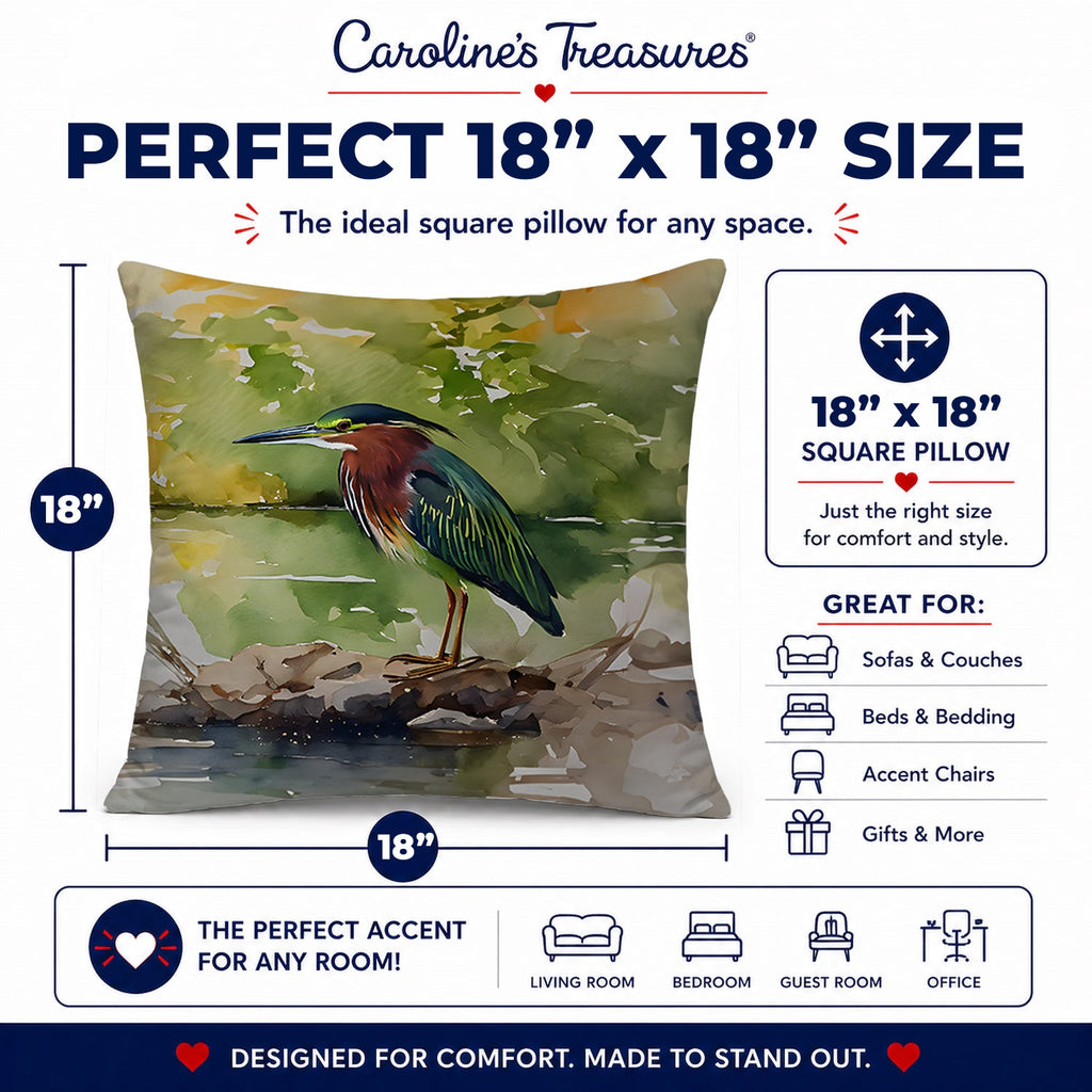 Green Heron by Water Edge Decorative Throw Pillow 18x18 Indoor Outdoor Accent Cushion, Fabric Cover with Insert for Sofa, Bed, Porch & Living Room