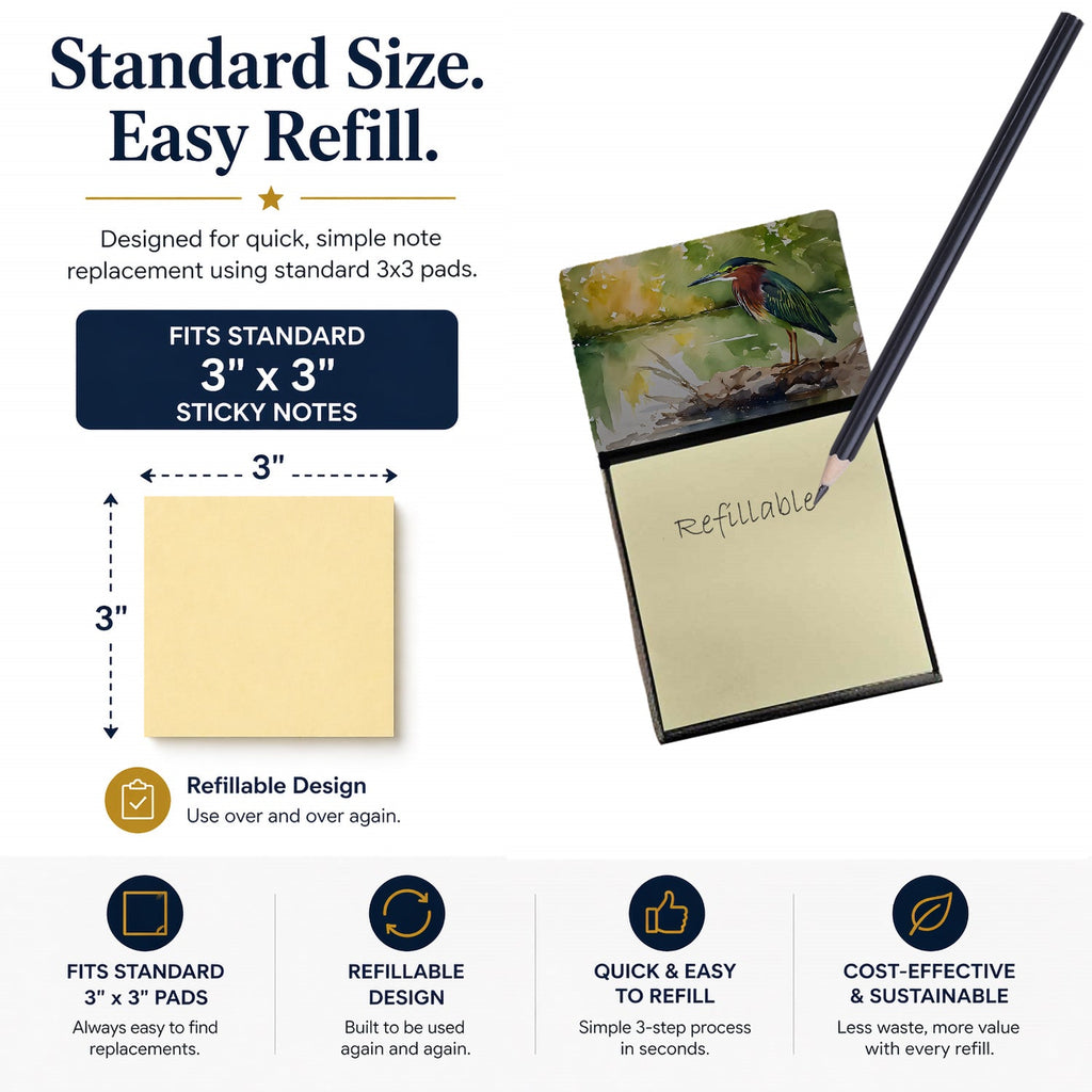 Green Heron by Water Edge Watercolor Sticky Note Holder Refillable Dispenser Desk Accessory 3x3 Pad Gift