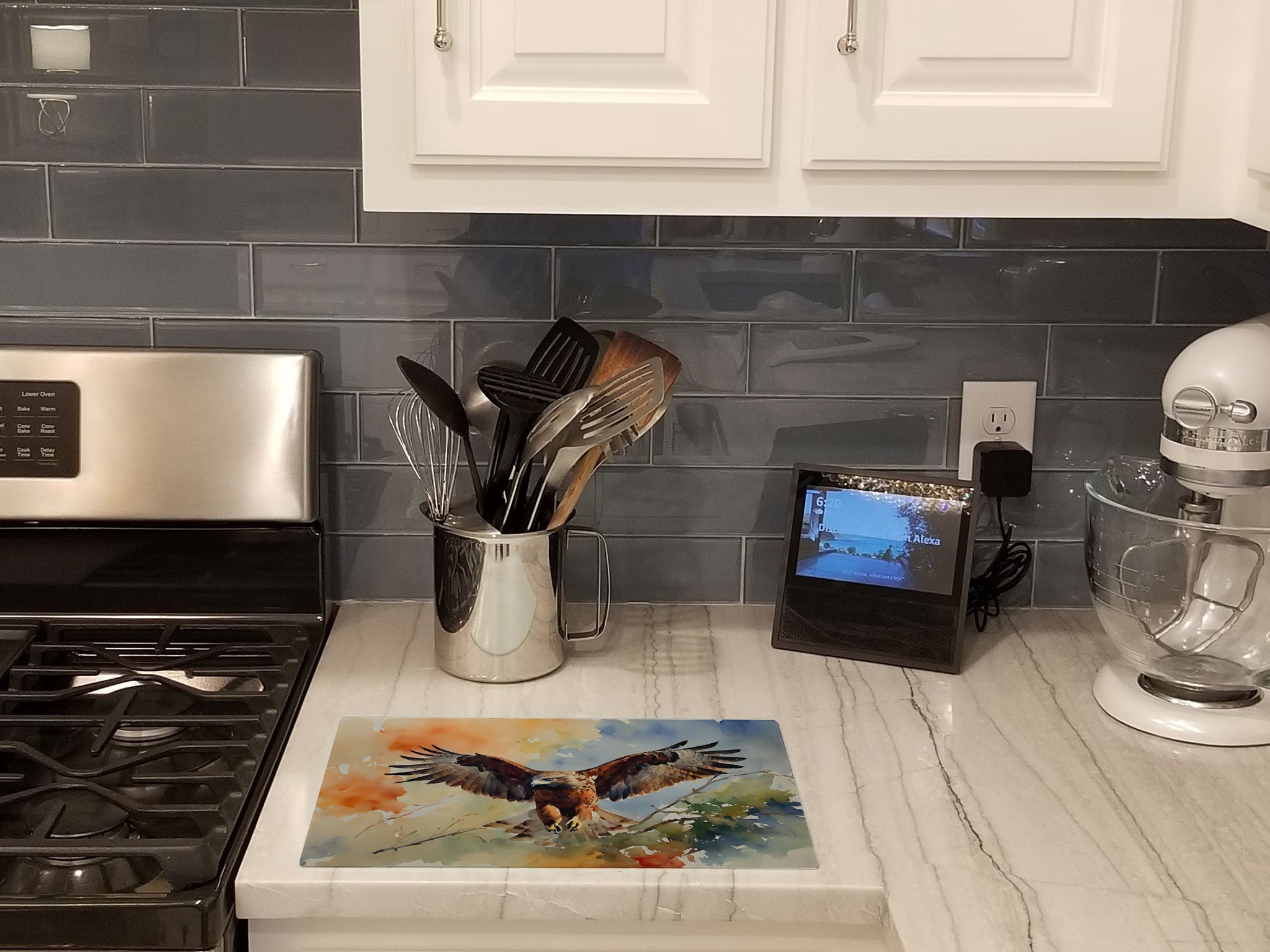 Red Tailed Hawk Landing Wings Spread Cutting Board Tempered Glass Kitchen Cutting Surface, Heat Resistant Chopping, Non-Slip Feet, Food Prep & Serving