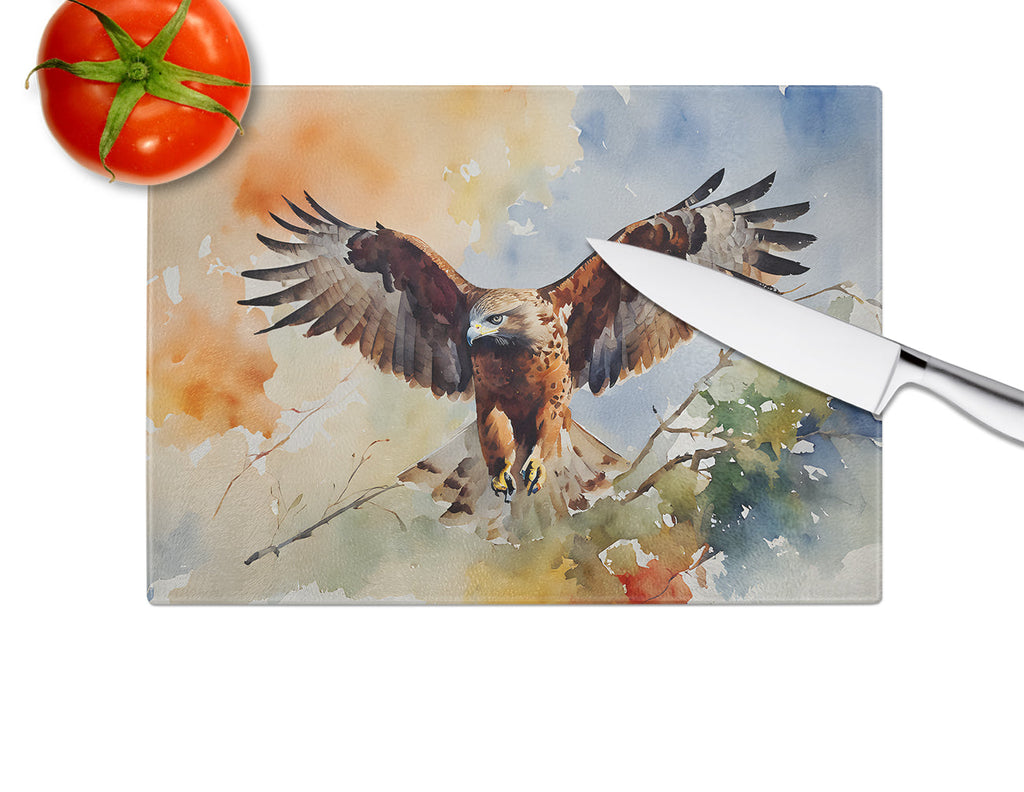 Red Tailed Hawk Landing Wings Spread Cutting Board Tempered Glass Kitchen Cutting Surface, Heat Resistant Chopping, Non-Slip Feet, Food Prep & Serving
