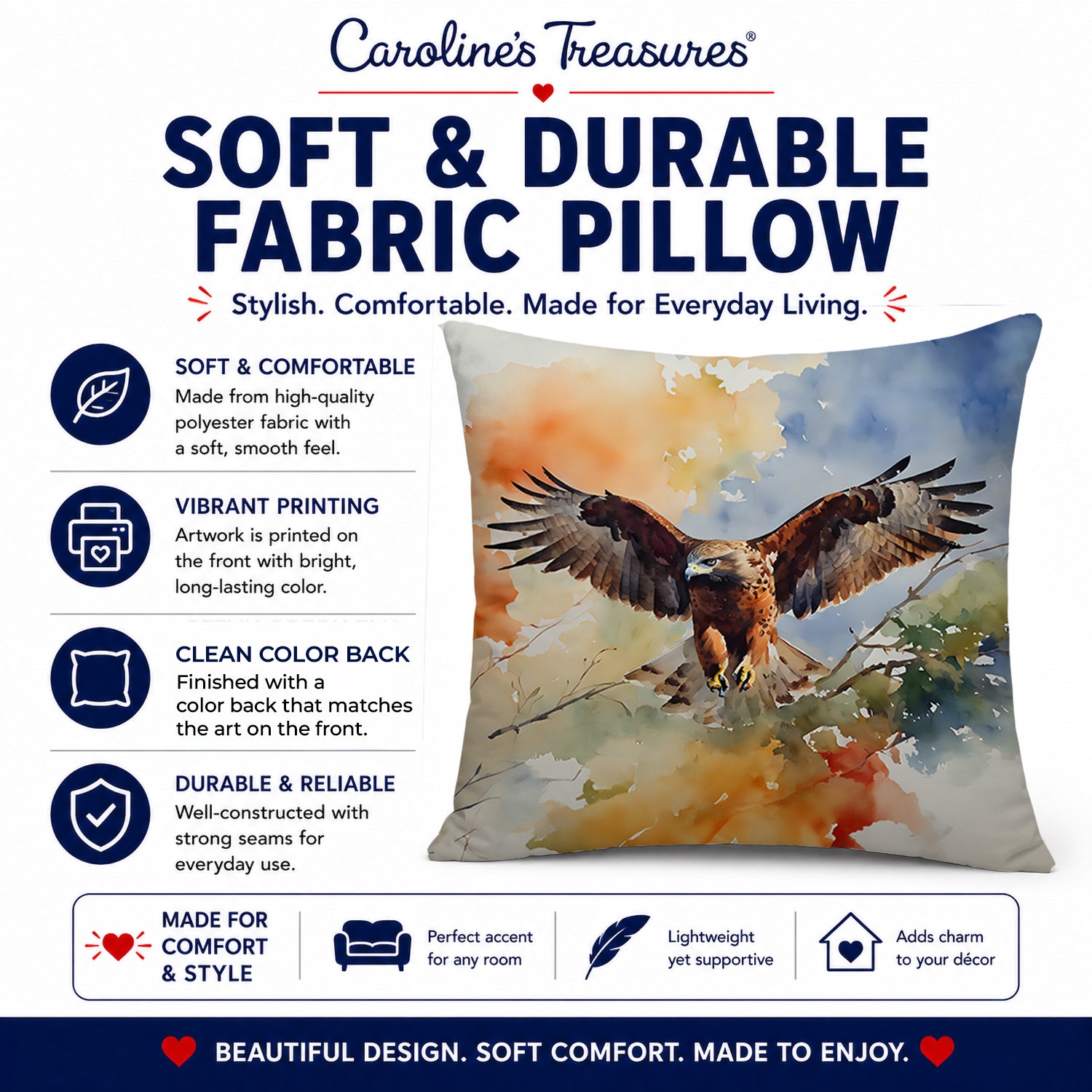 Red Tailed Hawk Landing Wings Spread Decorative Throw Pillow 18x18 Indoor Outdoor Accent Cushion, Fabric Cover with Insert for Sofa, Bed, Porch & Living Room