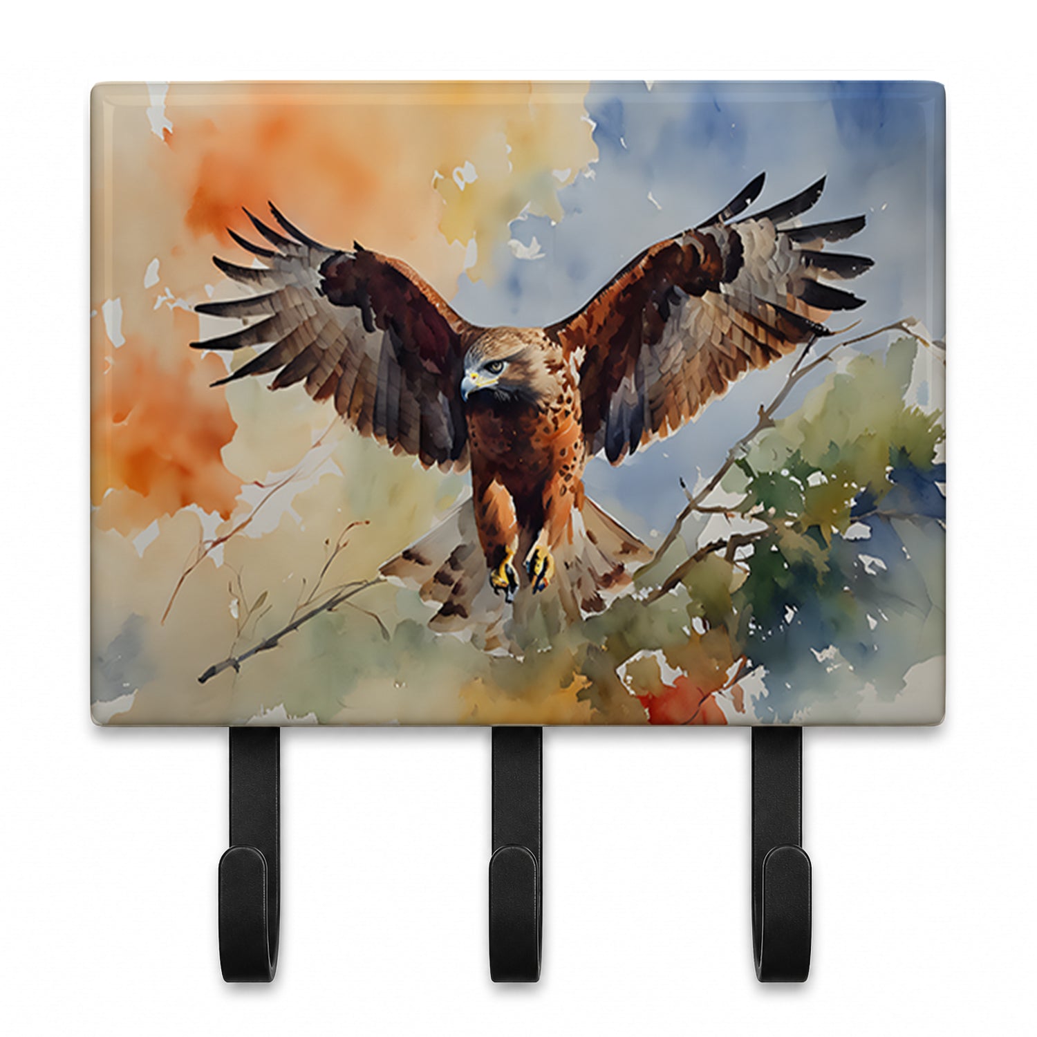 Red Tailed Hawk Landing Wings Spread Leash or Key Holder Wall Hooks, Coat Rack Wall Mount, for Hanging Keys, Towels, Aprons, Leashes