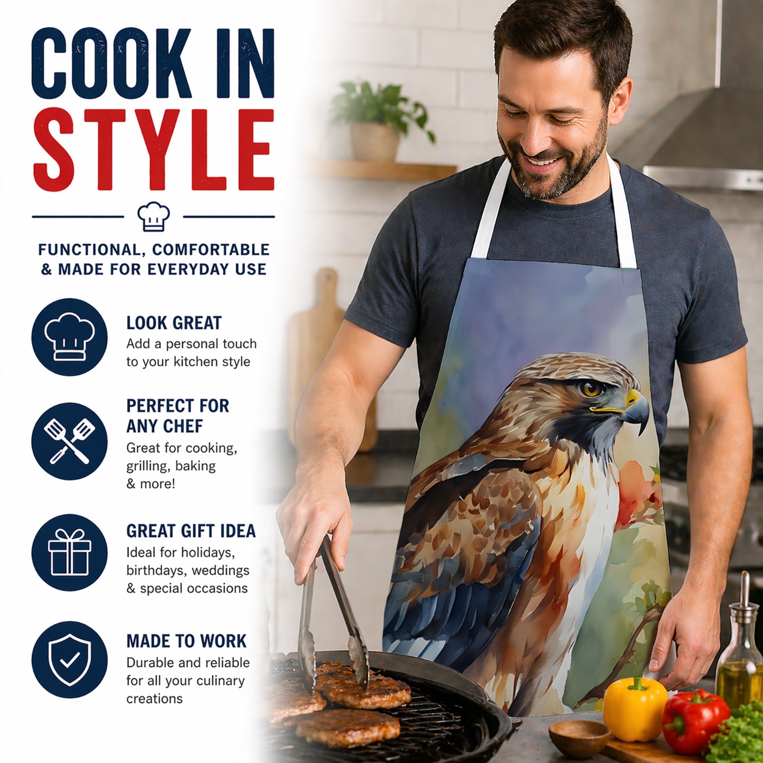 Red Tailed Hawk Portrait Wildlife Apron Cooking Kitchen Server Baking Crafts Gardening for Adult Women Men, Unisex, Large, Multicolor