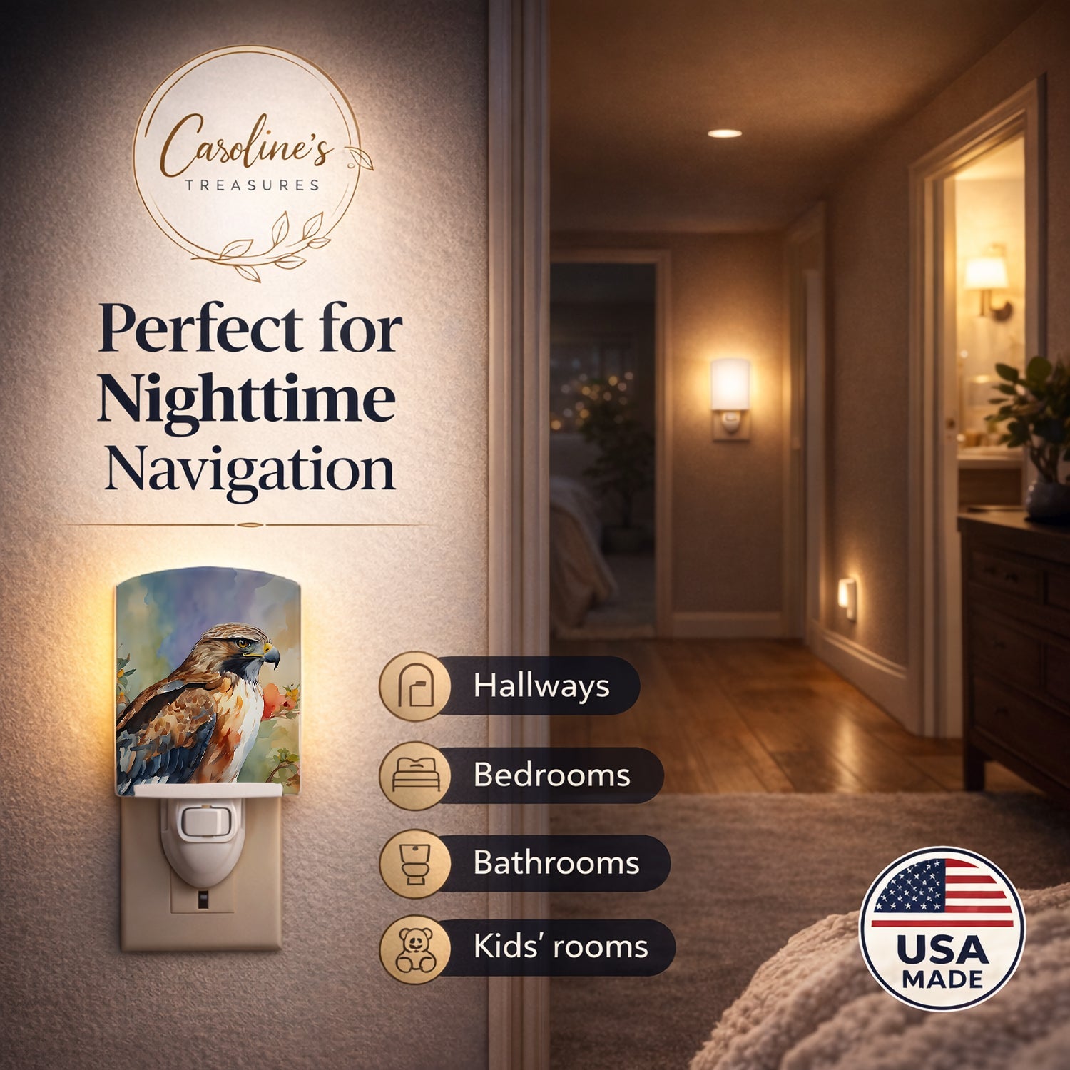 Red Tailed Hawk Portrait Wildlife Ceramic Night Light Compact, UL-Certified, Ideal for Bedroom, Bathroom, Nursery, Hallway, Kitchen, 6x4x3, Multicolor