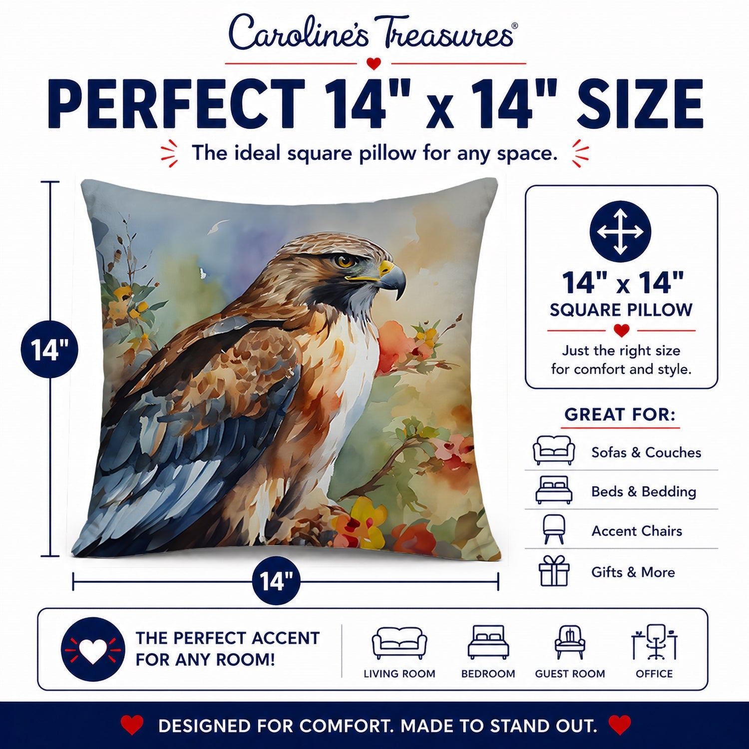 Red Tailed Hawk Portrait Wildlife Decorative Throw Pillow 14x14 Indoor Outdoor Accent Cushion, Fabric Cover with Insert for Sofa, Bed, Porch & Living Room