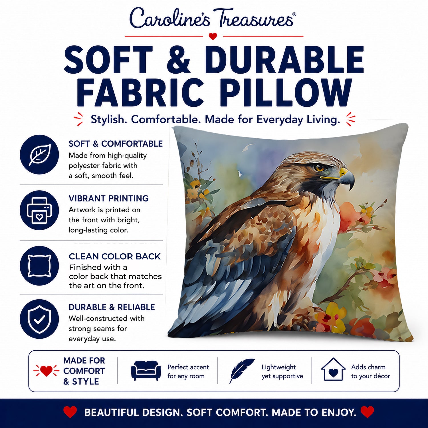Red Tailed Hawk Portrait Wildlife Decorative Throw Pillow 18x18 Indoor Outdoor Accent Cushion, Fabric Cover with Insert for Sofa, Bed, Porch & Living Room