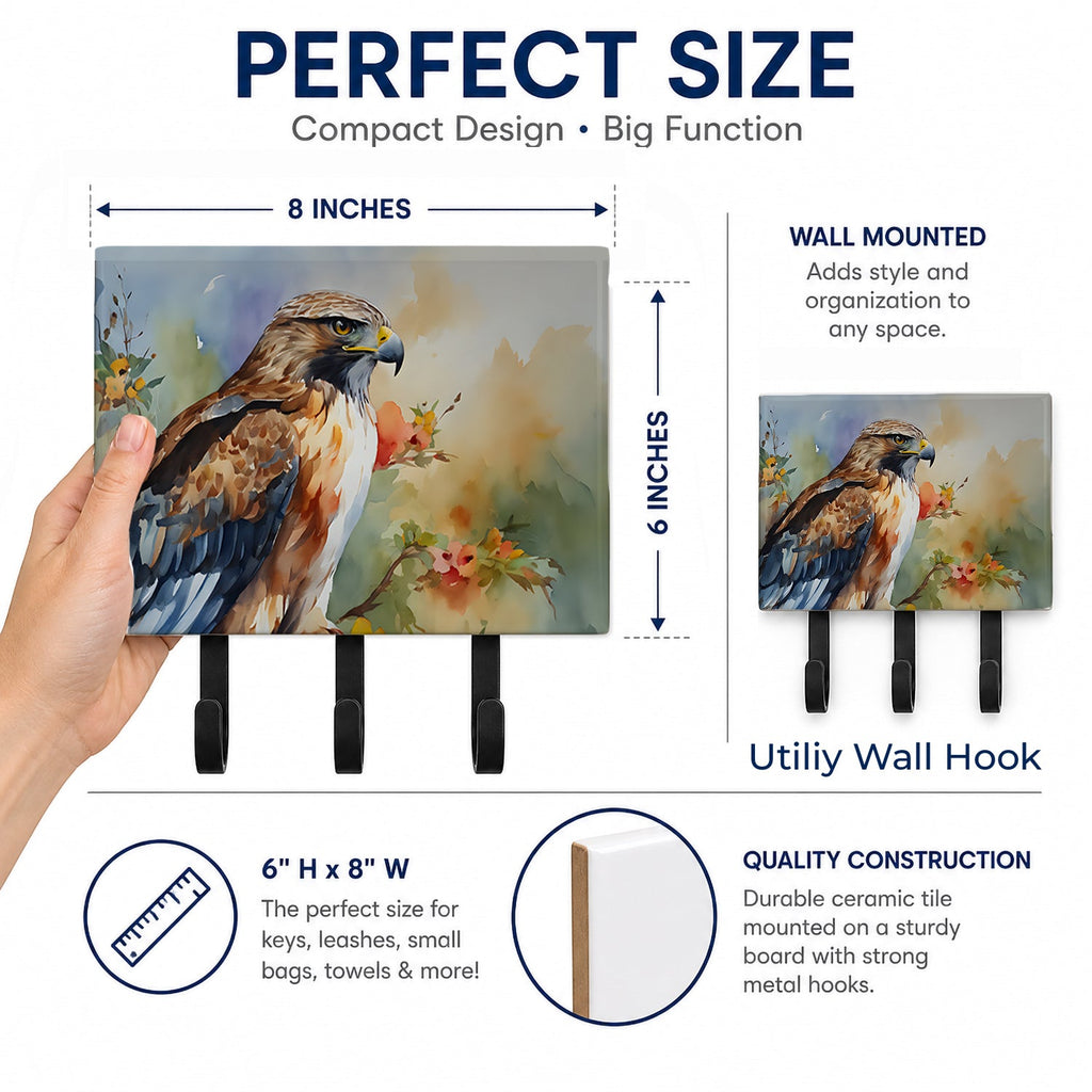 Red Tailed Hawk Portrait Wildlife Leash or Key Holder Wall Hooks, Coat Rack Wall Mount, for Hanging Keys, Towels, Aprons, Leashes