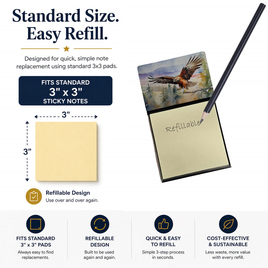 Red Tailed Hawk Flying Landscape Watercolor Sticky Note Holder Refillable Dispenser Desk Accessory 3x3 Pad Gift