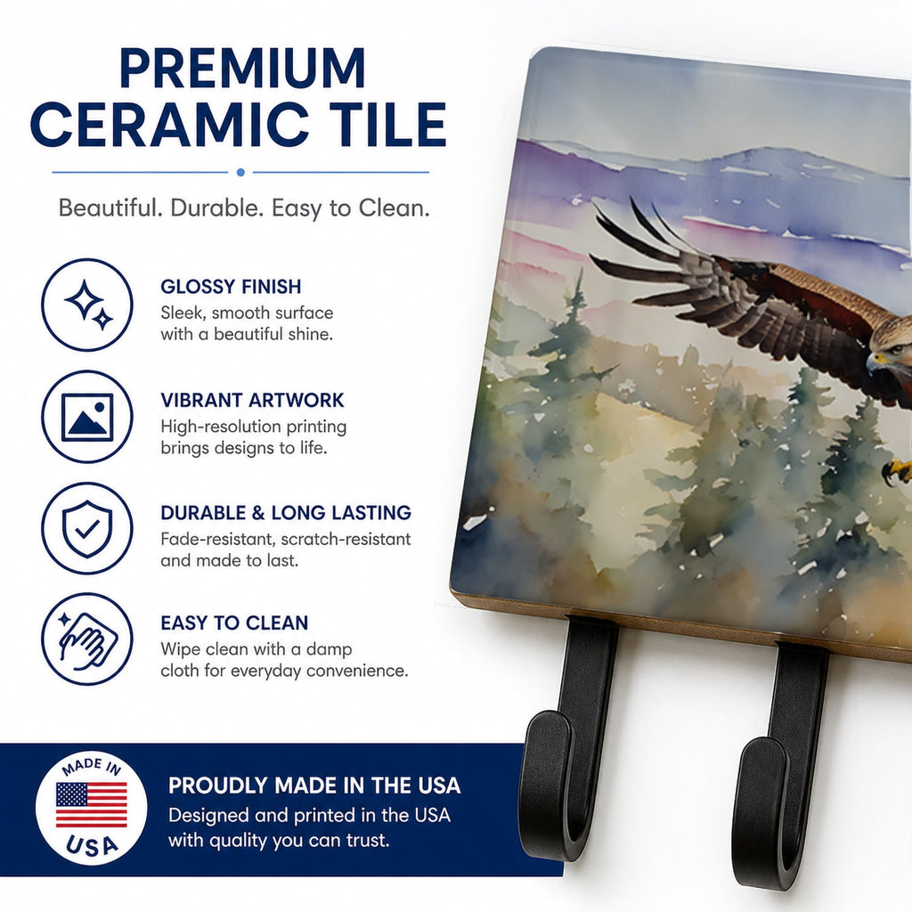 Red Tailed Hawk Flying Landscape Leash or Key Holder Wall Hooks, Coat Rack Wall Mount, for Hanging Keys, Towels, Aprons, Leashes