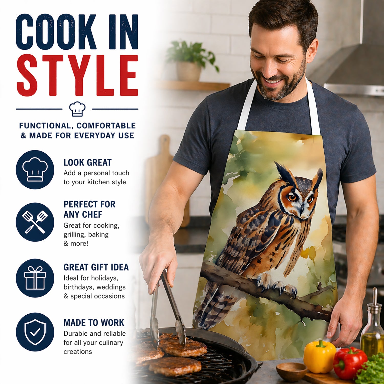 Long-Eared Owll Perched Branch Apron Cooking Kitchen Server Baking Crafts Gardening for Adult Women Men, Unisex, Large, Multicolor