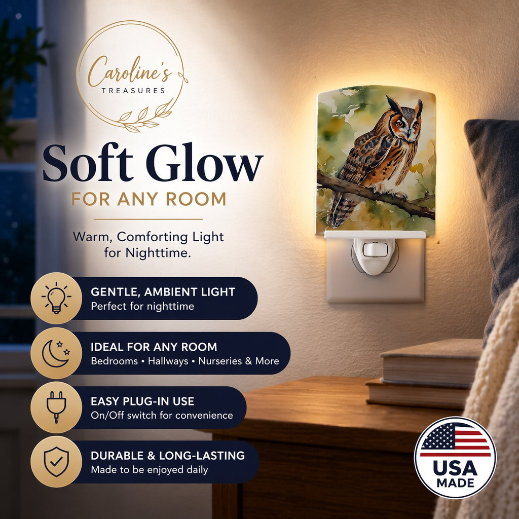 Long-Eared Owll Perched Branch Ceramic Night Light Compact, UL-Certified, Ideal for Bedroom, Bathroom, Nursery, Hallway, Kitchen, 6x4x3, Multicolor