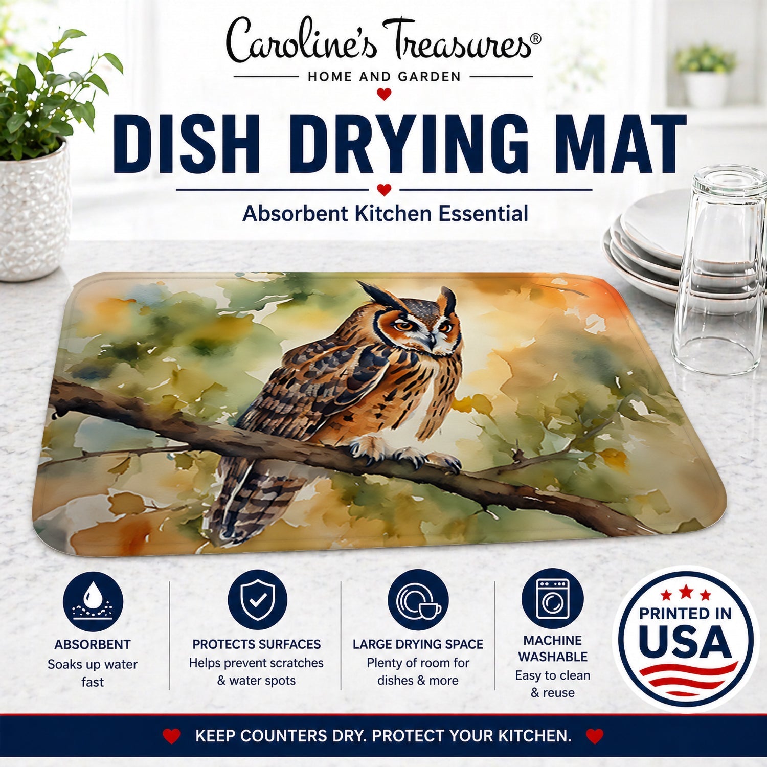 Long-Eared Owll Perched Branch Dish Drying Mat Absorbent Dish Drying Mat Pad for Kitchen Counter Dish Drainer Mat for Countertop, 14 x 21", Multicolor
