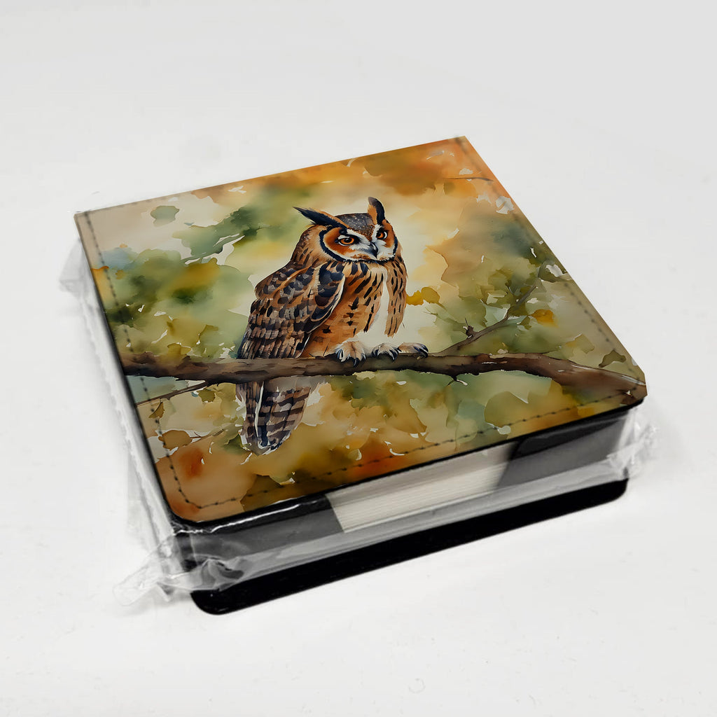 Long-Eared Owll Perched Branch PU Leather Note Paper Holder with Artist-Designed Cover, Desk Accessory, Office Gift
