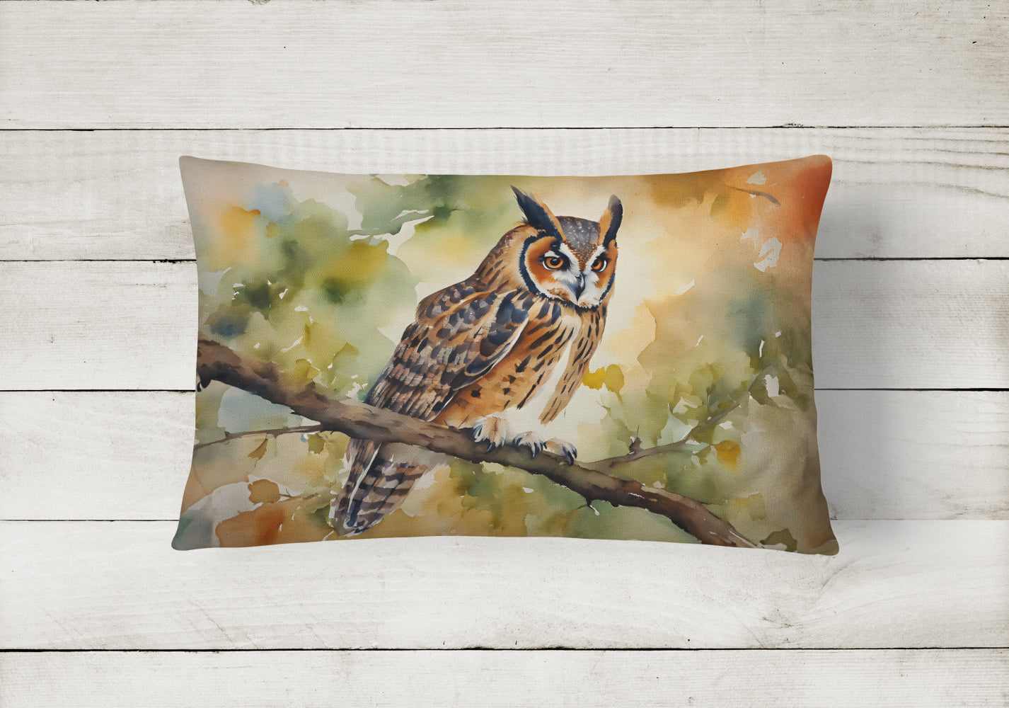 Long-Eared Owll Perched Branch Decorative Throw Pillow 12x16 Indoor Outdoor Accent Cushion, Fabric Cover with Insert for Sofa, Bed, Porch & Living Room