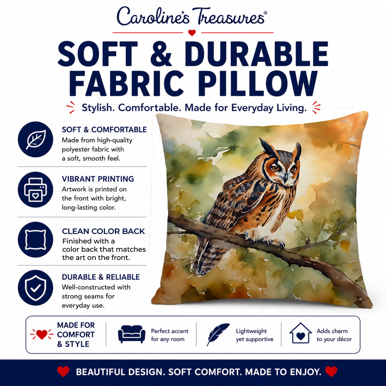 Long-Eared Owll Perched Branch Decorative Throw Pillow 14x14 Indoor Outdoor Accent Cushion, Fabric Cover with Insert for Sofa, Bed, Porch & Living Room