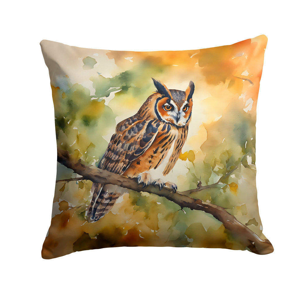 Long-Eared Owll Perched Branch Decorative Throw Pillow 14x14 Indoor Outdoor Accent Cushion, Fabric Cover with Insert for Sofa, Bed, Porch & Living Room