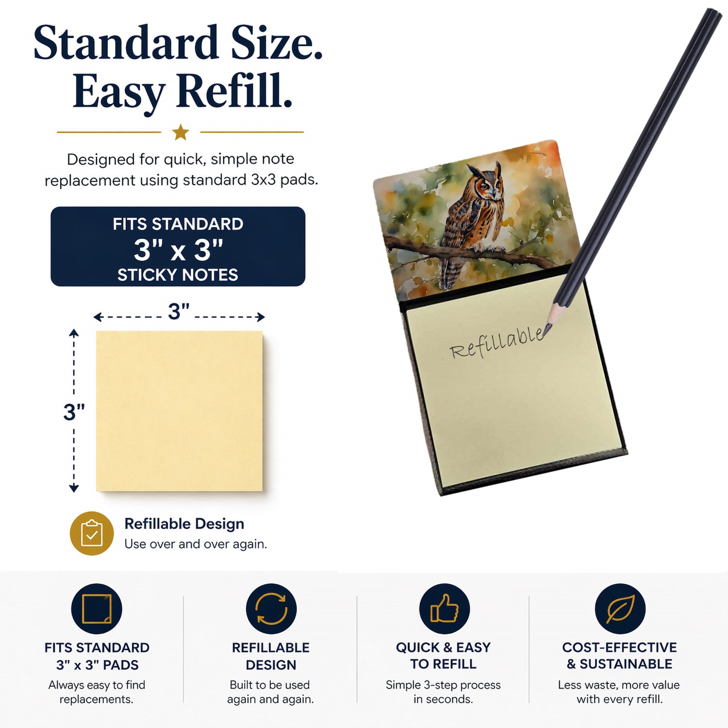 Long-Eared Owll Perched Branch Watercolor Sticky Note Holder Refillable Dispenser Desk Accessory 3x3 Pad Gift