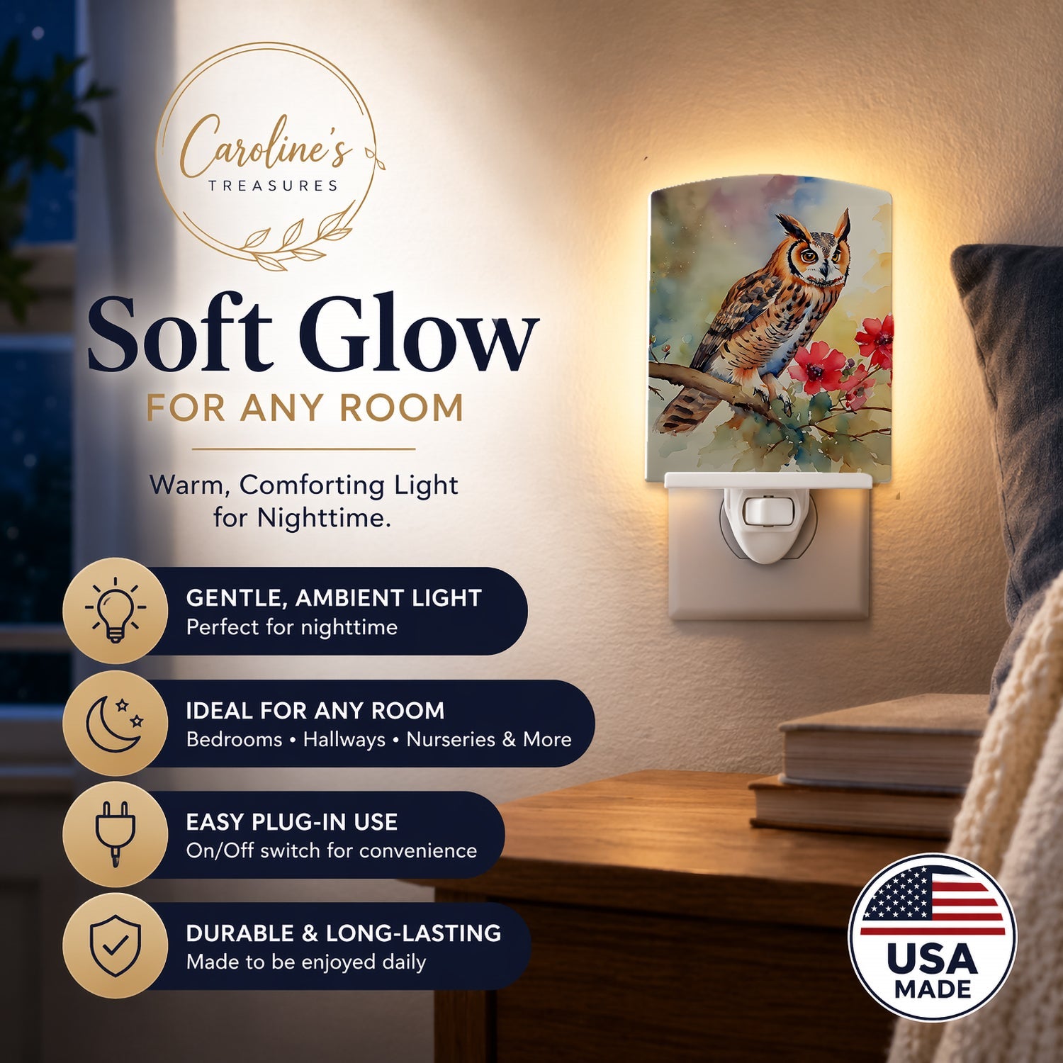 Long-Eared Owl with Blossoms Ceramic Night Light Compact, UL-Certified, Ideal for Bedroom, Bathroom, Nursery, Hallway, Kitchen, 6x4x3, Multicolor