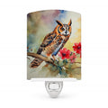 Long-Eared Owl with Blossoms Ceramic Night Light Compact, UL-Certified, Ideal for Bedroom, Bathroom, Nursery, Hallway, Kitchen, 6x4x3, Multicolor