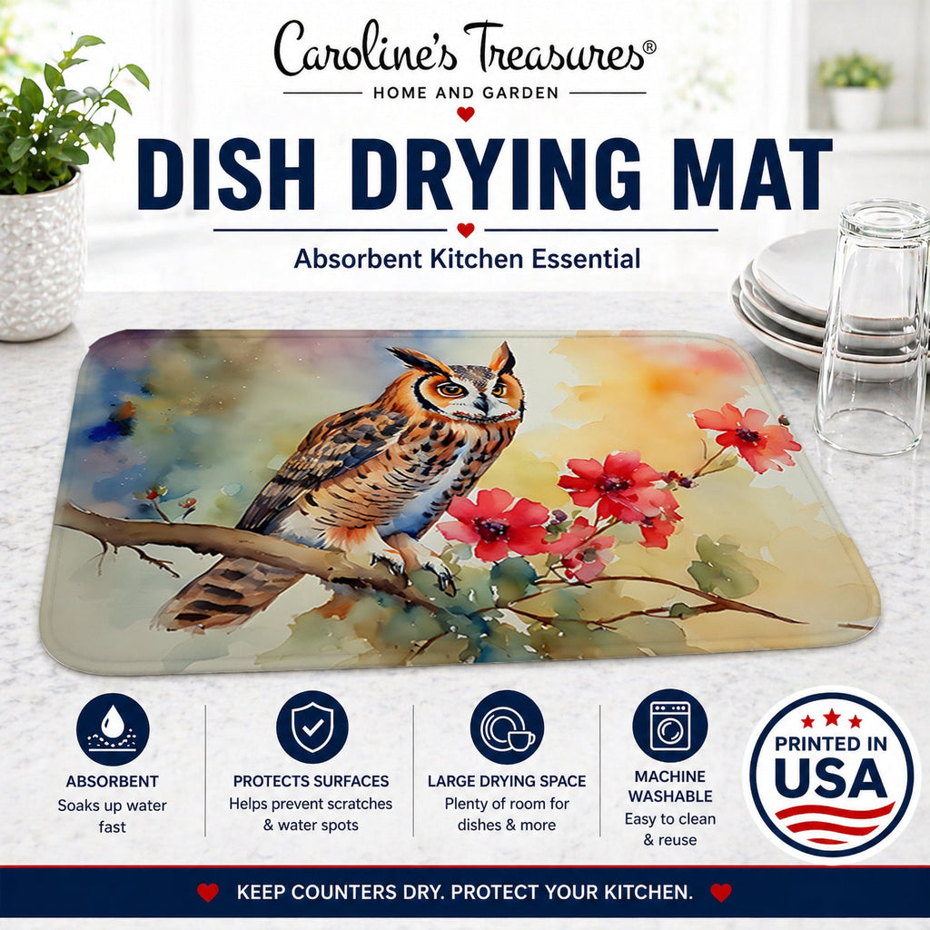 Long-Eared Owl with Blossoms Dish Drying Mat Absorbent Dish Drying Mat Pad for Kitchen Counter Dish Drainer Mat for Countertop, 14 x 21", Multicolor