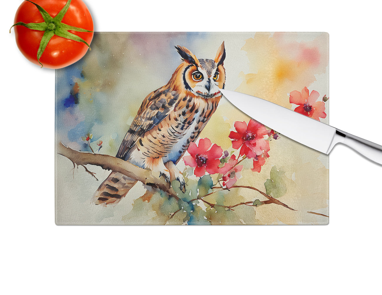 Long-Eared Owl with Blossoms Cutting Board Tempered Glass Kitchen Cutting Surface, Heat Resistant Chopping, Non-Slip Feet, Food Prep & Serving