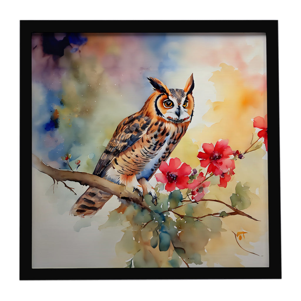 Long-Eared Owl with Blossoms Framed Metal Print Bathroom, Kitchen, Office, Home Decor Wall Art Ready to Hang, Square, 8X8