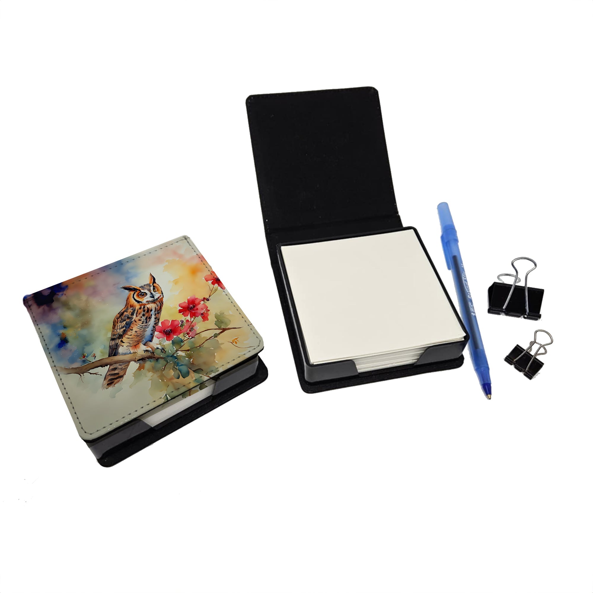 Long-Eared Owl with Blossoms PU Leather Note Paper Holder with Artist-Designed Cover, Desk Accessory, Office Gift
