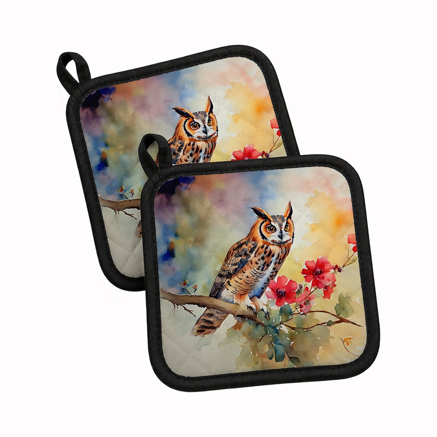 Long-Eared Owl with Blossoms Pot Holder Set of 2 Heat Resistant Quilted Hot Pads 7.5 x 7.5 Inch, Insulated Kitchen Trivets for Cooking & Baking