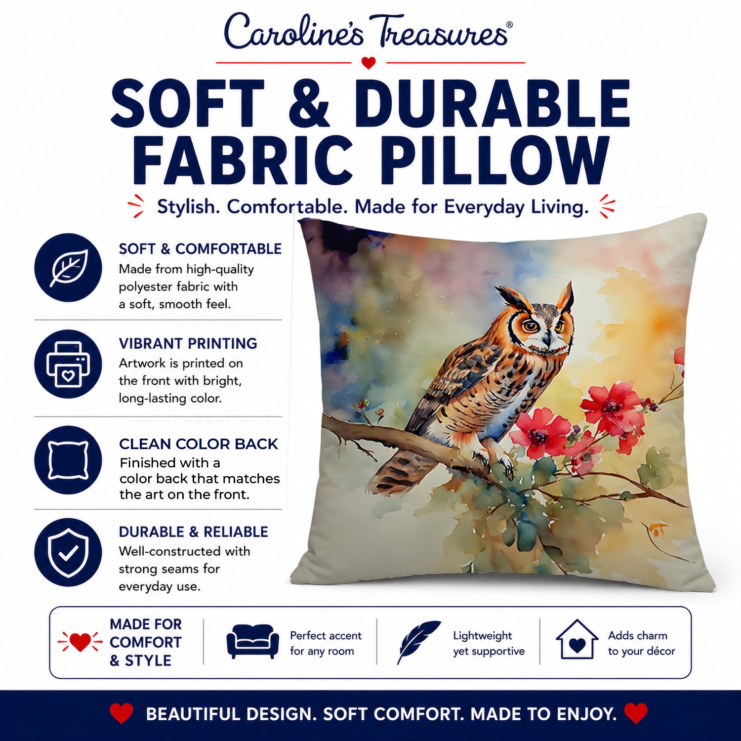 Long-Eared Owl with Blossoms Decorative Throw Pillow 14x14 Indoor Outdoor Accent Cushion, Fabric Cover with Insert for Sofa, Bed, Porch & Living Room