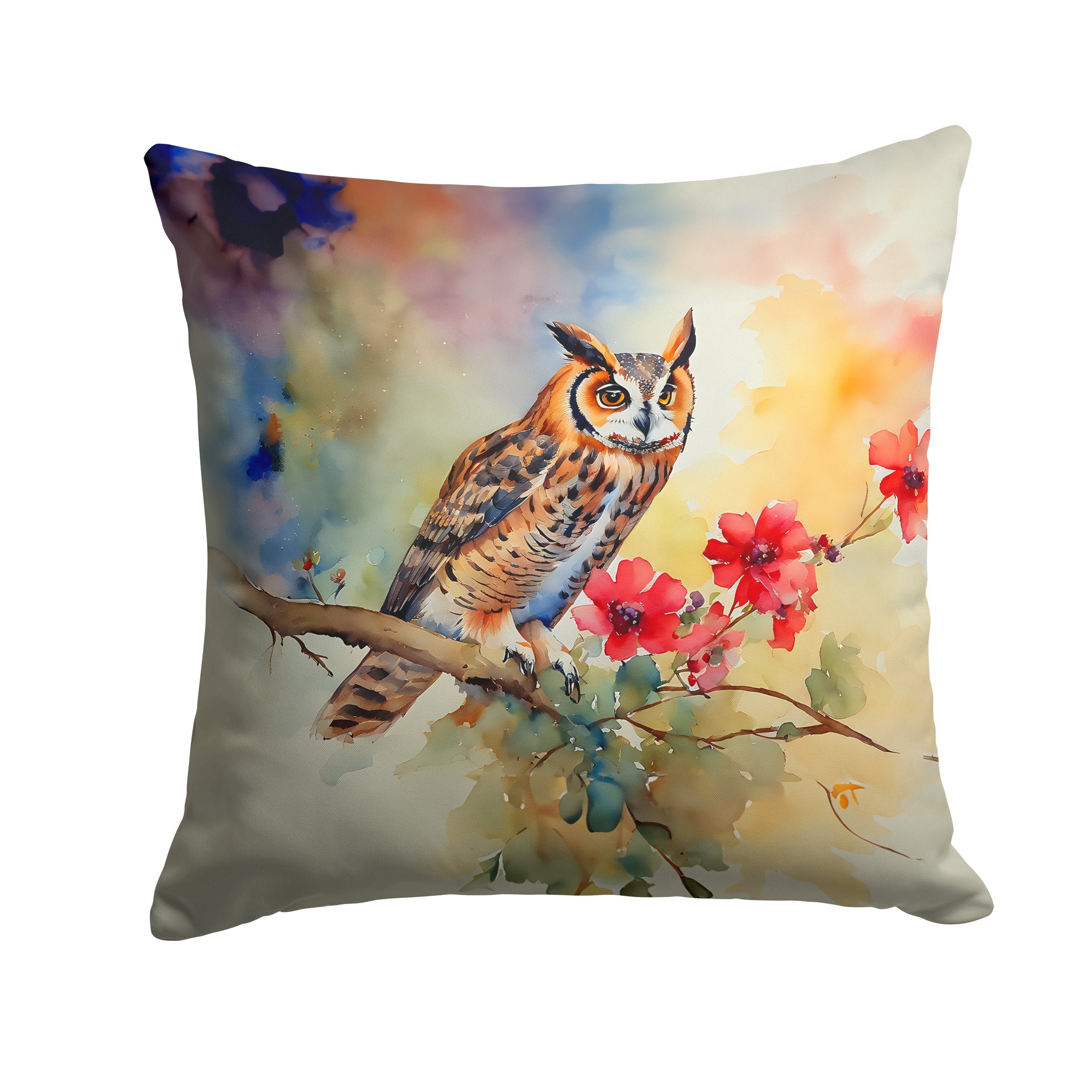Long-Eared Owl with Blossoms Decorative Throw Pillow 14x14 Indoor Outdoor Accent Cushion, Fabric Cover with Insert for Sofa, Bed, Porch & Living Room