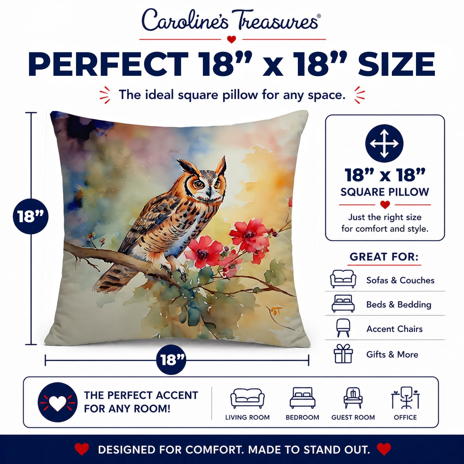 Long-Eared Owl with Blossoms Decorative Throw Pillow 18x18 Indoor Outdoor Accent Cushion, Fabric Cover with Insert for Sofa, Bed, Porch & Living Room
