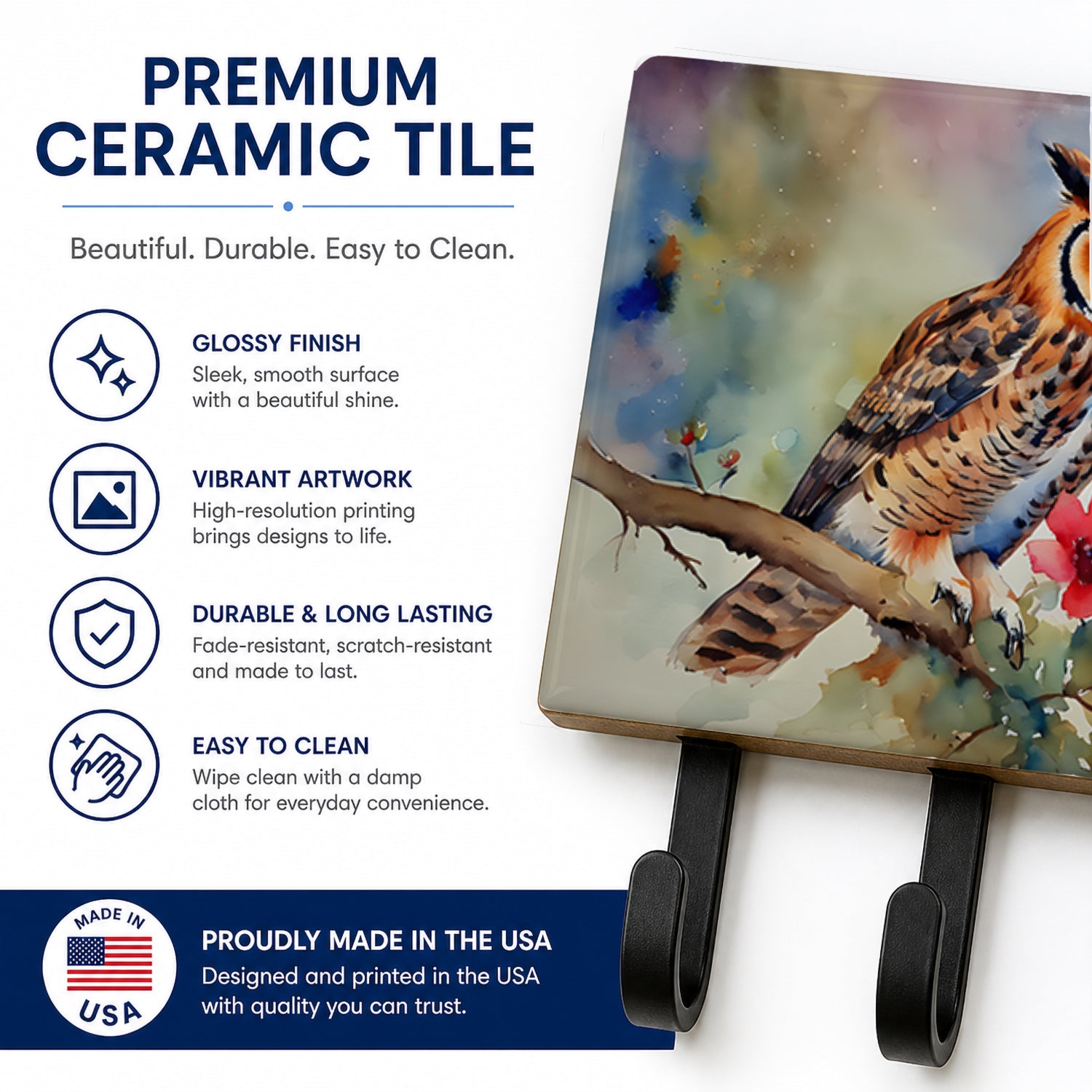 Long-Eared Owl with Blossoms Leash or Key Holder Wall Hooks, Coat Rack Wall Mount, for Hanging Keys, Towels, Aprons, Leashes