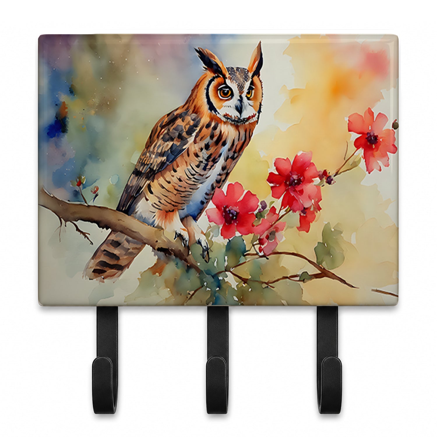 Long-Eared Owl with Blossoms Leash or Key Holder Wall Hooks, Coat Rack Wall Mount, for Hanging Keys, Towels, Aprons, Leashes
