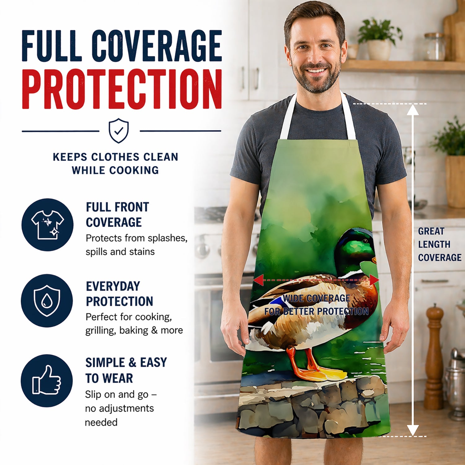 Mallard Duck Standing Pond Edge Apron Cooking Kitchen Server Baking Crafts Gardening for Adult Women Men, Unisex, Large, Multicolor