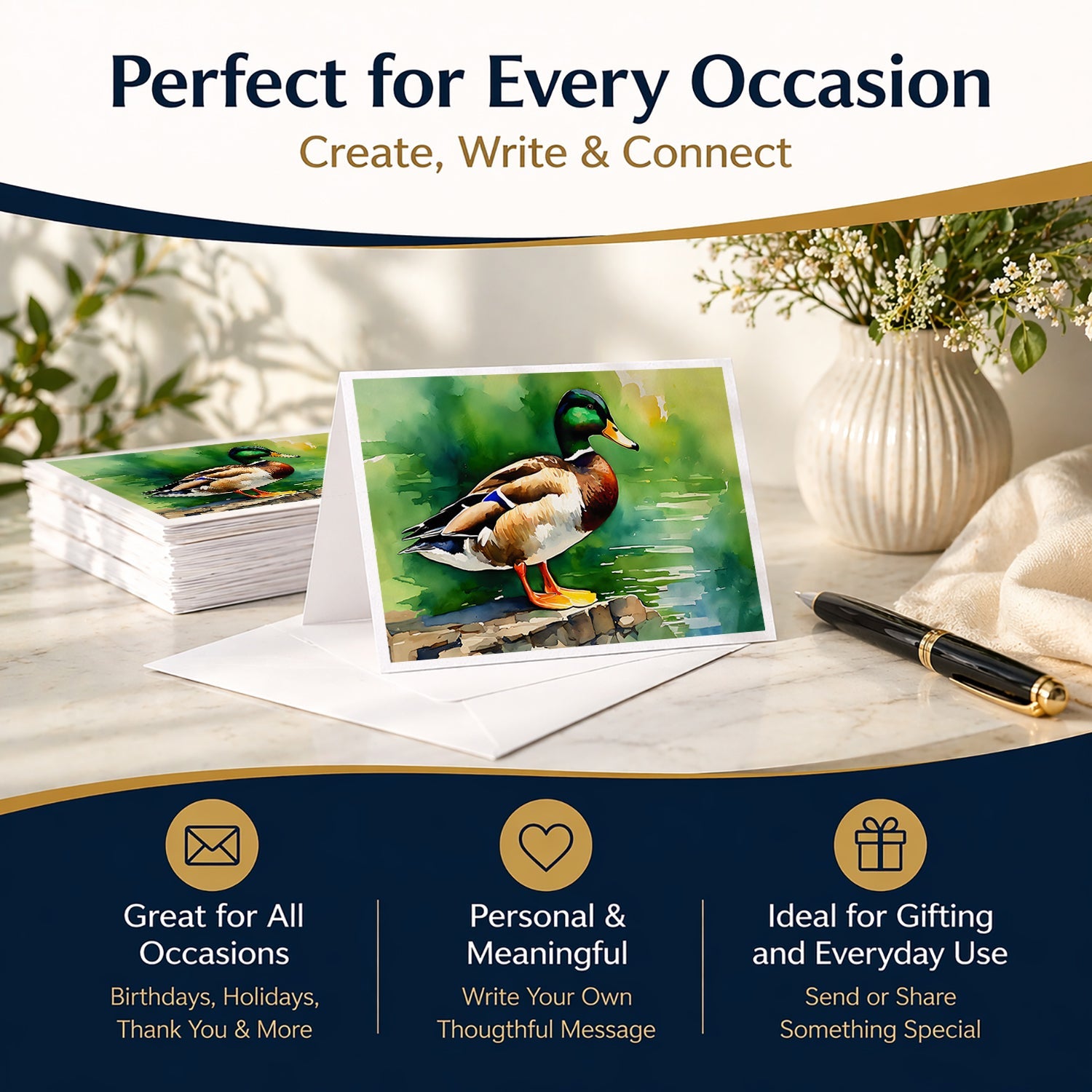 Mallard Duck Standing Pond Edge Greeting Cards Pack of 8 Blank Cards with Envelopes Whimsical A7 Size 5x7