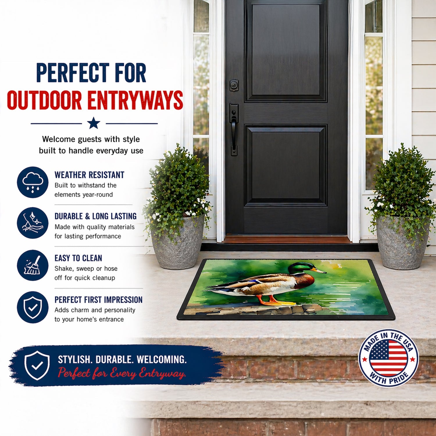 Mallard Duck Standing Pond Edge Doormat Indoor Outdoor 18H X 27W Front Door Mat Rugs for Entryway, Non Slip Washable