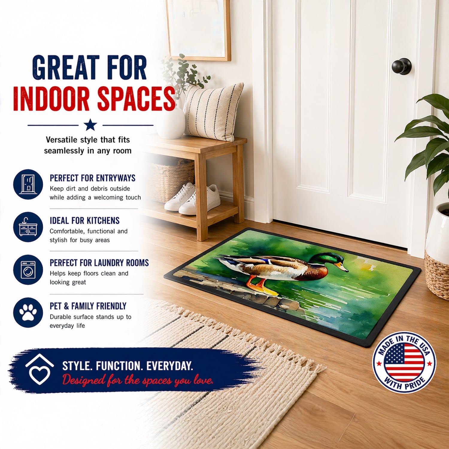 Mallard Duck Standing Pond Edge Doormat Indoor Outdoor 18H X 27W Front Door Mat Rugs for Entryway, Non Slip Washable